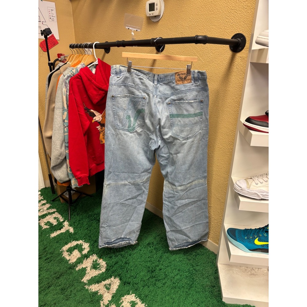 Avirex Baggy Jeans Mens 40x34 Light Wash Blue Denim Green Stitch Embroidered Y2K